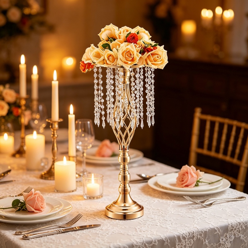 Elegant Tall Gold Crystal Flow - Florist Supply Vases ulasan dan harga